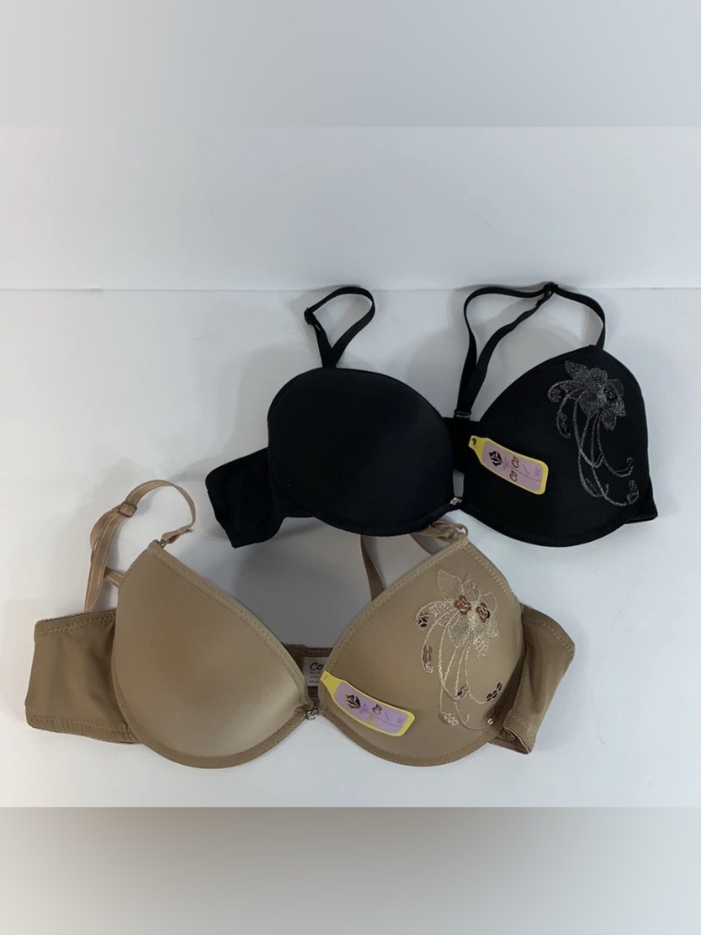 Coco Secret embroidered bras size 36C black & tan lot of 2